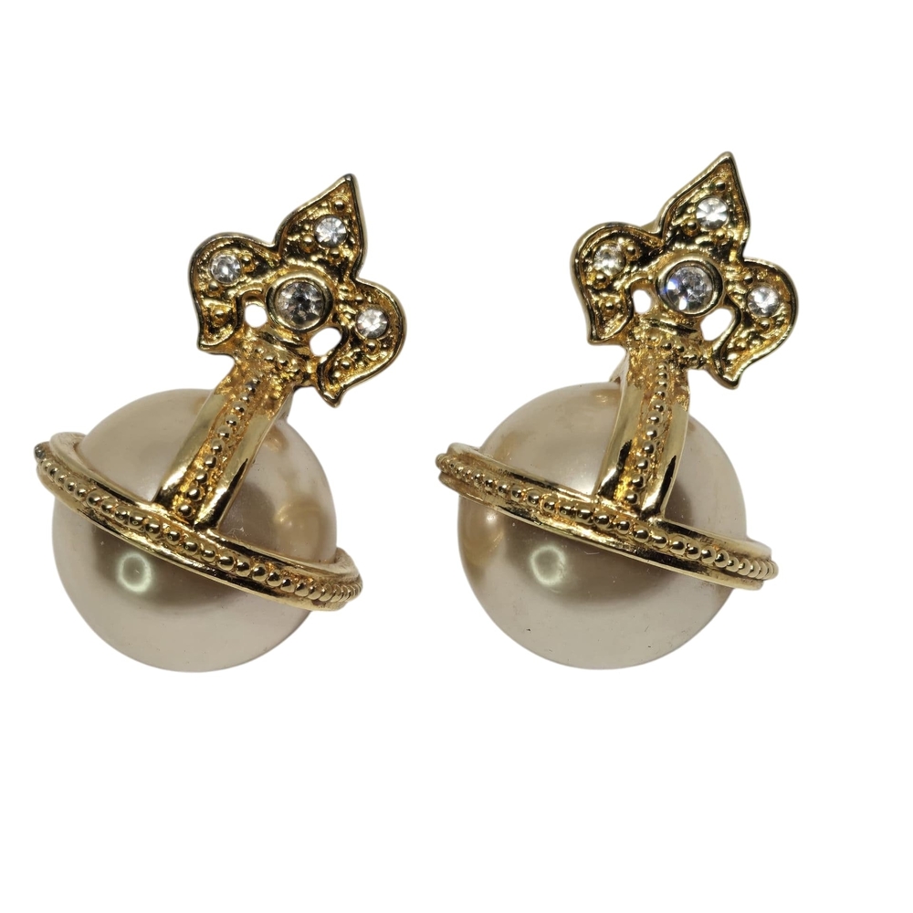 JON River Amazing Gold Tone FAUX  Pearl Fleur-de-Lis Earrings VICTORIAN STYLE